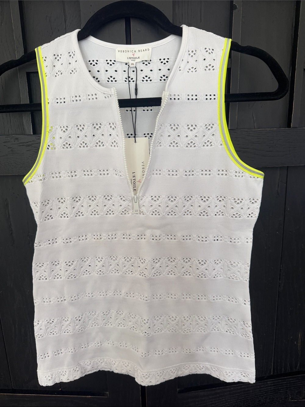 Veronica Beard White Eyelet Zip Tank with Neon Yellow Trim